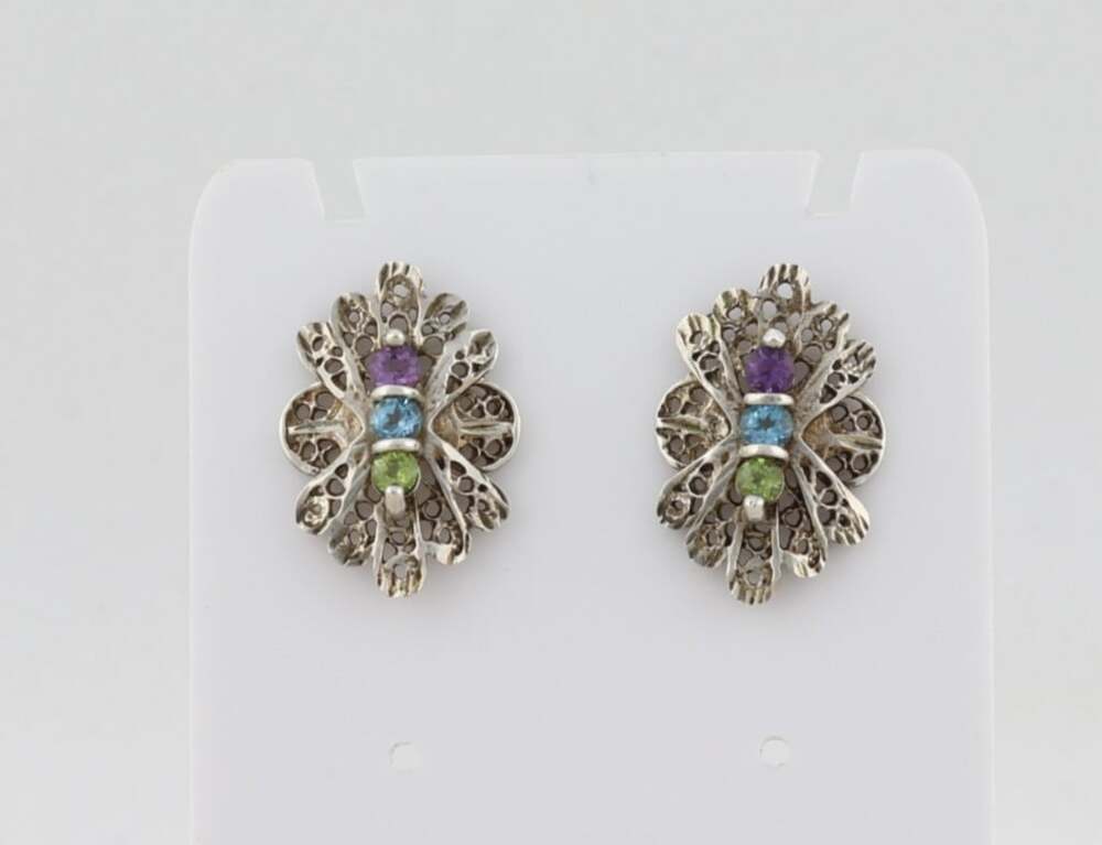 Sterling Silver Natural Amethyst, Blue Topaz & Peridot Stud Earrings 3/4" x 1/2"